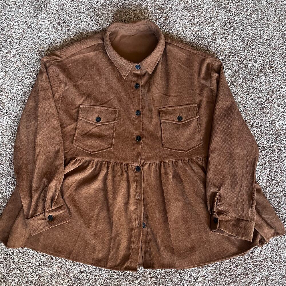 Brown‎ Corduroy Babydoll Peplum Button Down Shirt